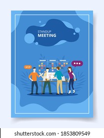 Stand Up Meeting Team People Discussion On Work Place Template Of Banners, Flyer, Books Cover, Magazines With Liquid Shape Style