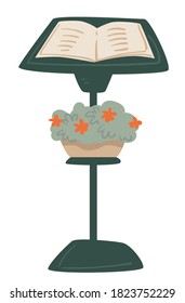 Stand with menu of restaurant, isolated icon of steel construction with place for papers and flower bed. Floral decoration with information of prices and dishes served at cafe, vector in flat