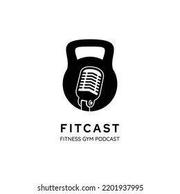 Stand Mic Microphone with Dumbbell Barbell Kettlebell for Podcast Gym Fitness Logo Design Template