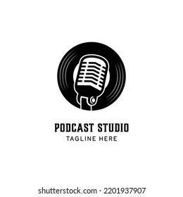 Stand Microphone Mic with Disc Recording for Podcast Studio Logo Design Template Inspiration