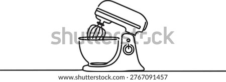 Stand mixer kitchen appliance illustrated with a single continuous black line, creating a simple, elegant, and modern outline for cooking.one line drawing vector illustration
