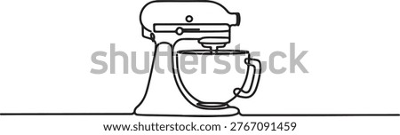 Stand mixer kitchen appliance illustrated with a single continuous black line, creating a simple, elegant, and modern outline for cooking.one line drawing vector illustration
