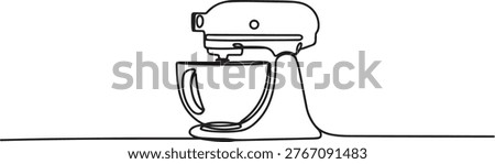 Stand mixer kitchen appliance illustrated with a single continuous black line, creating a simple, elegant, and modern outline for cooking.one line drawing vector illustration
