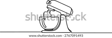 Stand mixer kitchen appliance illustrated with a single continuous black line, creating a simple, elegant, and modern outline for cooking.one line drawing vector illustration
