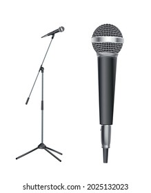 Stand with modern microphone on white background