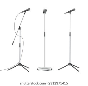 Stand with modern microphone on white background