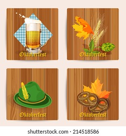 Stand for a mug. Poster with mug of beer, wheat, hops, autumn leaves, beer foam, pretzels, hat on background of blue rhombuses. Vector illustration.