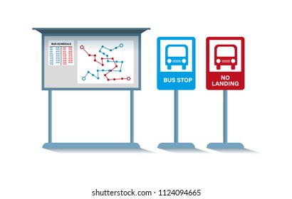 Stand with navigation information on public transport routes. Signs: bus stop is allowed, bus stop is prohibited. Vector. Flat style