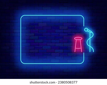 Stand up neon advertising. Night club and empty white frame. Comic show holiday. Microphone and chair. Shiny banner for comedy performance. Copy space. Editable stroke. Vector stock illustration