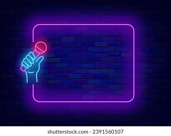 Stand up neon announcement. Night club and empty purple frame. Comic show holiday. Microphone in hand. Shiny banner for comedy performance. Copy space. Editable stroke. Vector stock illustration