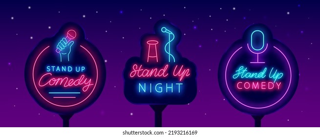 Stand up neon banners collection. Comedy bar signs set. Glowing street billboards pack. Frame with microphone icon. Comic night club. Light advertising. Vector stock illustration