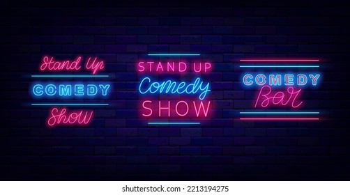 Stand up neon banners collection. Comedy bar signs set. Glowing signboards pack. Striped frames. Comic show night club emblem. Light advertising. Vector stock illustration