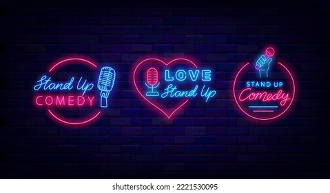 Stand up neon labels collection. Comedy signs set. Glowing signboards pack. Microphone icon. Circle and heart frames. Comic show night club emblem. Light advertising. Vector stock illustration