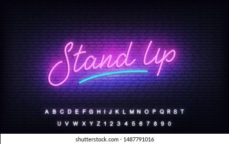 Stand up neon. Lettering neon glowing sign for Stand up comedy show.