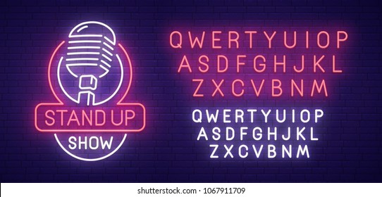 Stand Up Neon Sign, Bright Signboard, Light Banner. Stand Up Logo, Emblem. Neon Sign Creator. Neon Text Edit