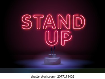 Stand Up neon sign. Neon sign, bright signboard, light banner. Microphone neon. Template for karaoke, live music, stand up, comedy show