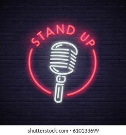 Stand Up neon sign. Neon sign, bright signboard, light banner. 