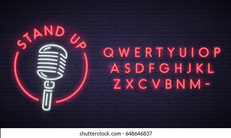 Stand Up neon sign, bright signboard, light banner. Stand Up logo, emblem. Neon sign creator. Neon text edit