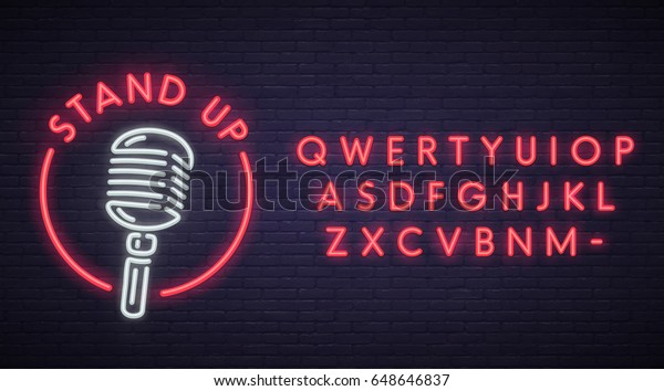 Stand Up neon\
sign, bright signboard, light banner. Stand Up logo, emblem. Neon\
sign creator. Neon text\
edit