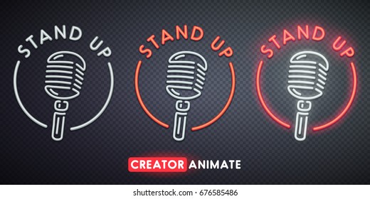 Stand Up Neon Sign. Creator Animate. Isolated Logo.