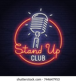 Stand Up Neon Sign. Neon Sign. Stand Up Logo, Emblem And Label. Bright Signboard, Light Banner. 