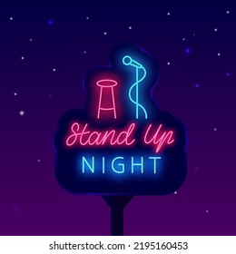 Stand up night neon street billboard. Comedy show banner. Light advertising. Microphone and chair on stage. Humorous performance. Light sign. Outer glowing effect signboard. Vector stock illustration