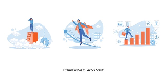 Stand on the stairs above the clouds. Fly using a jetpet. Climb the ladder to build ideas. Career Development Concept. set trend modern vector flat illustration