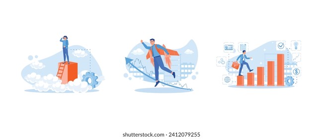 Stand on the stairs above the clouds. Fly using a jetpet. Climb the ladder to build ideas. Career Development Concept. Set Flat vector illustration.