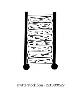 Stand on wheels for stacking firewood. Woodpile. Seasonal preparation for heating the house. Stocks of firewood for a fireplace or stove. Vector black and white isolated illustration hand drawn doodle