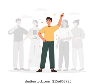 Destacar el concepto. El hombre sobresale de la multitud, metáfora del líder. Afiche o cartel motivacional. Personalidad brillante y famosa, empresario de confianza en sí mismo. Dibujo vectorial plano de dibujos animados