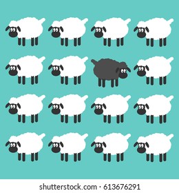 Stand out from the crowd concept. Black sheep between white sheep vector illustration. 