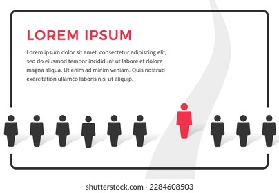 Stand out from the crowd concept, row of people with one red person on the road, vector eps10 illustration