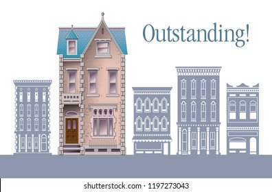 Stand out from the crowd and different concept,  One beautifully rendered building stands out from the others.  With space for type for print or web use