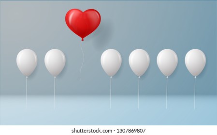 Stand out from the crowd and different concept One red heart balloon flying away from other white balloons on wall background with shadows.success concept 