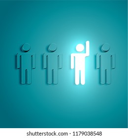 Stand out from the crowd glowing man with raised hand, vector illustration