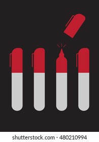 Stand out in crowd idea concept. Marker pen cap open showing the tip of the nib. Idea concept. Vector illustration.