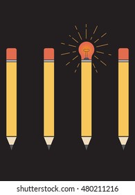 Stand out in crowd idea concept. Bulb on pencil in the place of eraser of eraser. Pencil icon. Bulb icon. Idea concept. Vector illustration.