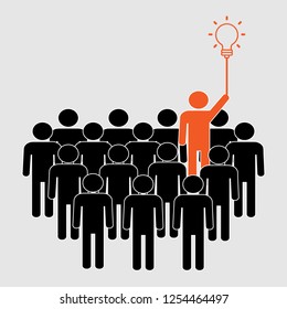 Stand out from the crowd. Man with a light bulb idea. Vector illustration.