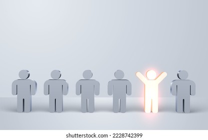 Stand out from the crowd. One glowing light man standing with arms wide open among other people. Vector illustration