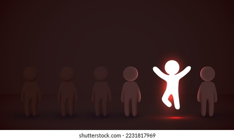Stand out from the crowd. One glowing light man jumping with arms wide open among other people. Leadership, innovation, great idea and individuality concepts. Vector illustration