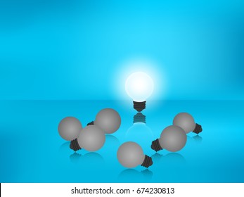 Stand out from the crowd. Outstanding glowing light bulb. Business success concept. Uniqueness, leadership, independence, initiative, strategy, dissent, think different, research. Vector Illustration