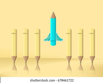 Stand out from the crowd. Outstanding rocket pencil. Business advantage opportunities and success concept. Vector Illustration