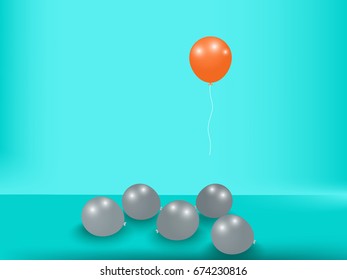 Stand out from the crowd. Outstanding unique orange balloon. Business success concept. Uniqueness, leadership, independence, initiative, strategy, dissent, think different. Vector Illustration