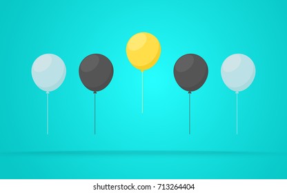 Stand out from the crowd. Outstanding unique yellow balloon. Business success concept. Uniqueness, leadership, independence, initiative, strategy, dissent, think different. Vector Illustration