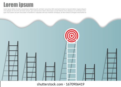 Stand out from the crowd and think different creative idea concepts. Longest white ladder and aiming high to goal target