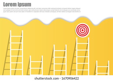 Stand out from the crowd and think different creative idea concepts. Longest white ladder and aiming high to goal target