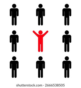 Stand Out from the Crowd. Unique Red Figure Among Black Silhouettes. Vector Illustration. 9 human figures arranged in a grid, with one central figure in bright red raising its arms.