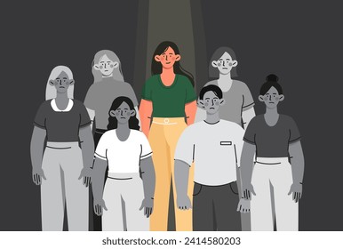 Stand out from crowd. Woman in light through grey people. Talent and successful person. Choosen candidate. Headhunting and recruiting in company or organization. Cartoon flat vector illustration