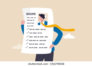 Stand out resume or CV, creativity way to present business profile to apply for new job concept, young smart businessman holding his resume or CV printed paper present his working profile for hiring.