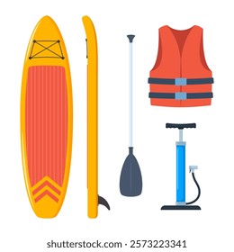 Stand Up Paddle board Accessories. Basic set for SUP. Inflatable board, paddle, life jacket, pump.